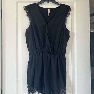 Paper Crane Black V-Neck Romper with Lace Trim